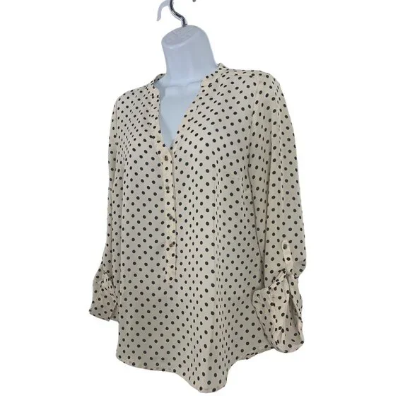 LC Lauren Conrad Button-Front Beige & Black Polka Dot Blouse Rolled Cuffs Medium - Picture 4 of 11